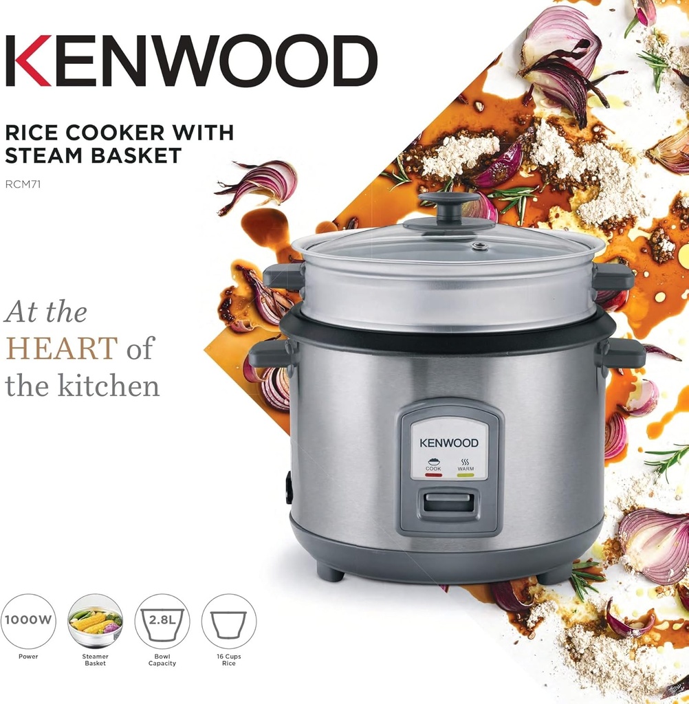 KENWOOD Rice Cooker RCM71.000SS, 2-in-1, 2.8L, Food Steamer, Non-Stick Cooking Pot, Silver