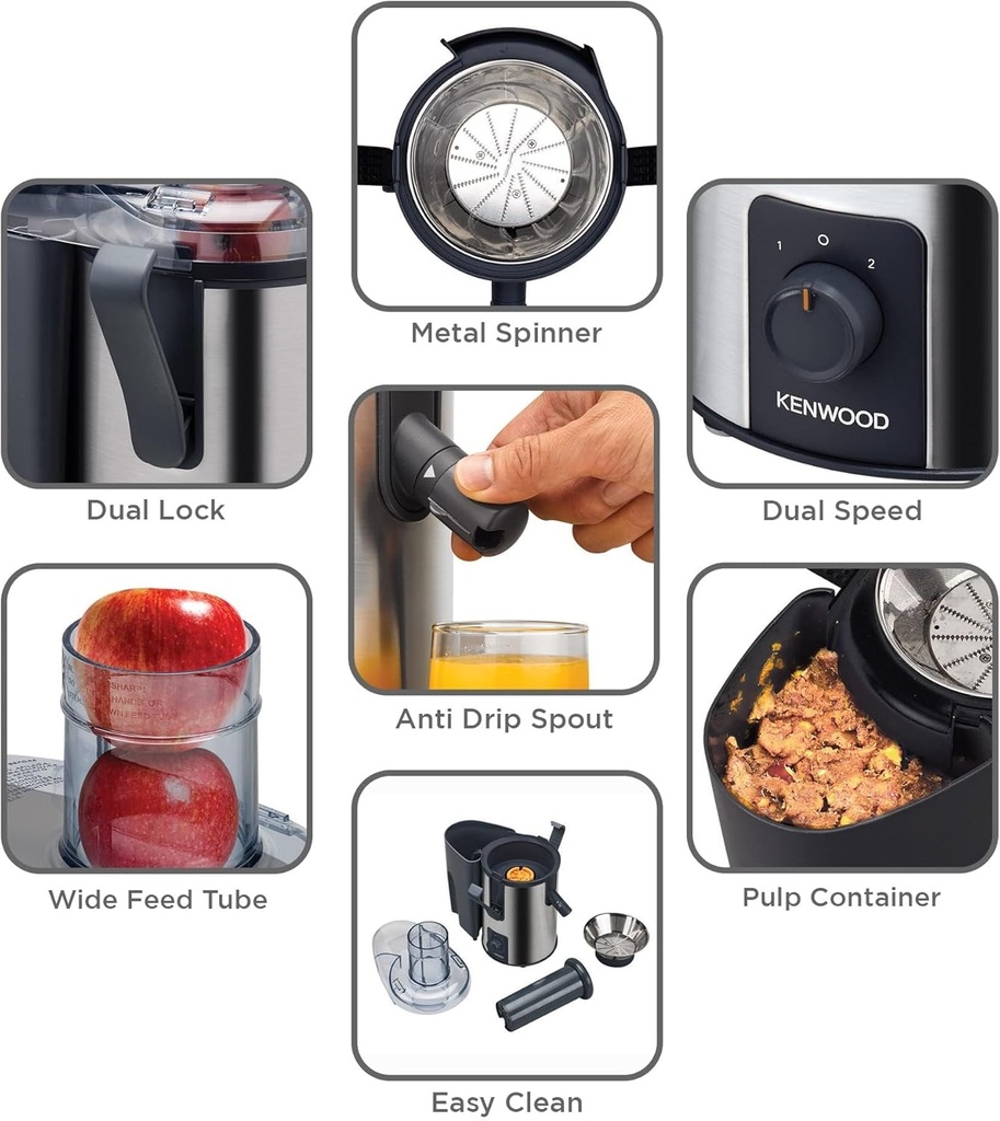 Kenwood Juice Extractor JEM50.000BS 700W Stainless Steel Anti Drip for Home, Office,Cafeteria  Silver/Black