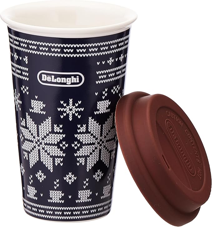 De'Longhi Thermal Mug DLSC076 Thermal Mug for Hot and Cold Drinks, Ceramic Thermos Flask, Double Walled, Non-Slip Silicone Lid, 300 ml Capacity