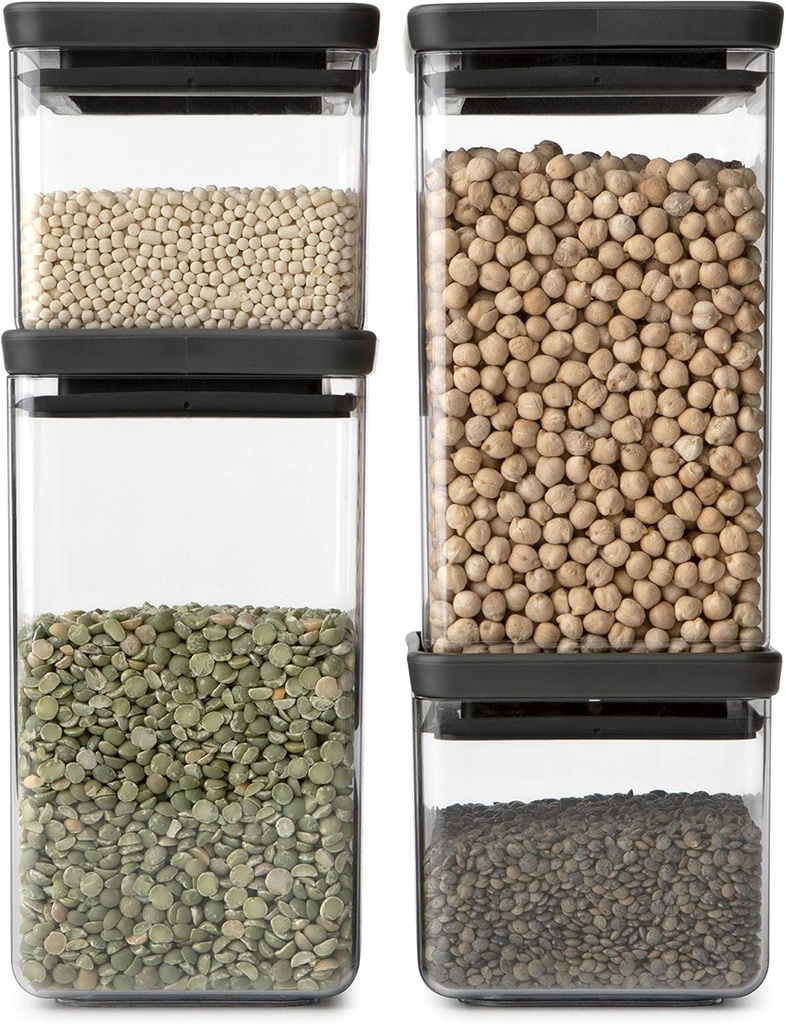 Brabantia Set of 4 Tasty+ Stackable Square Canisters, 2 x 0.7 litre and 2 x 1.6 litre / Dark Grey 