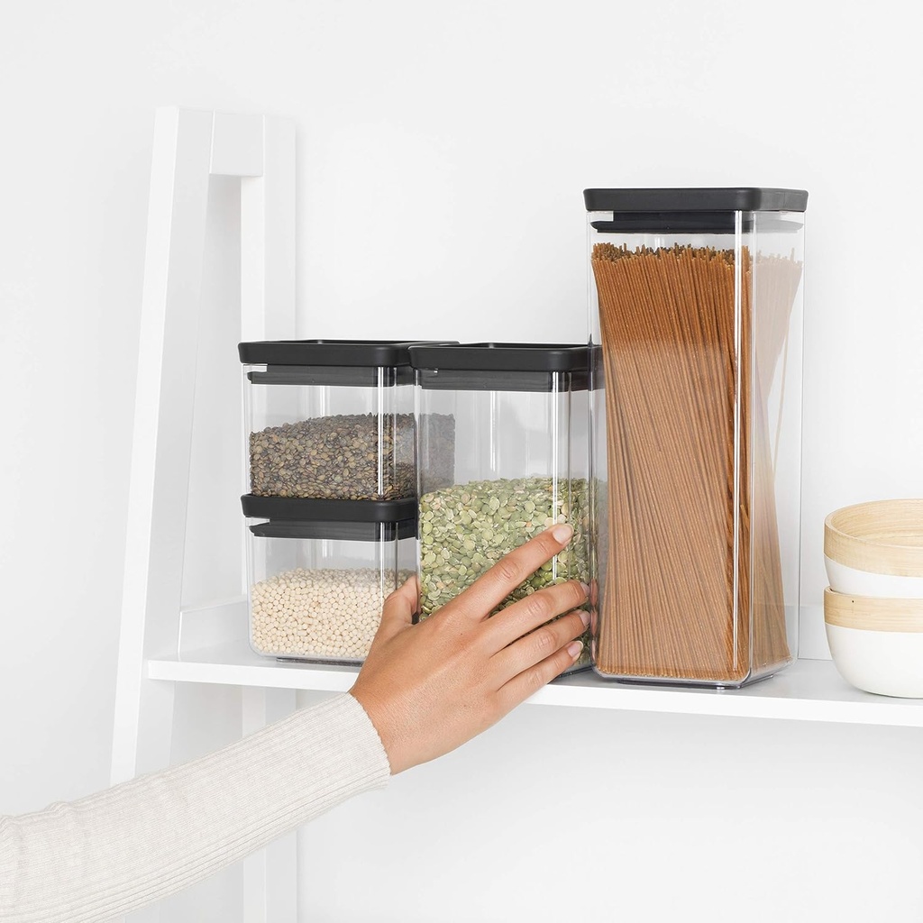 Brabantia Set of 4 Tasty+ Stackable Square Canisters, 2 x 0.7 litre and 2 x 1.6 litre / Dark Grey 