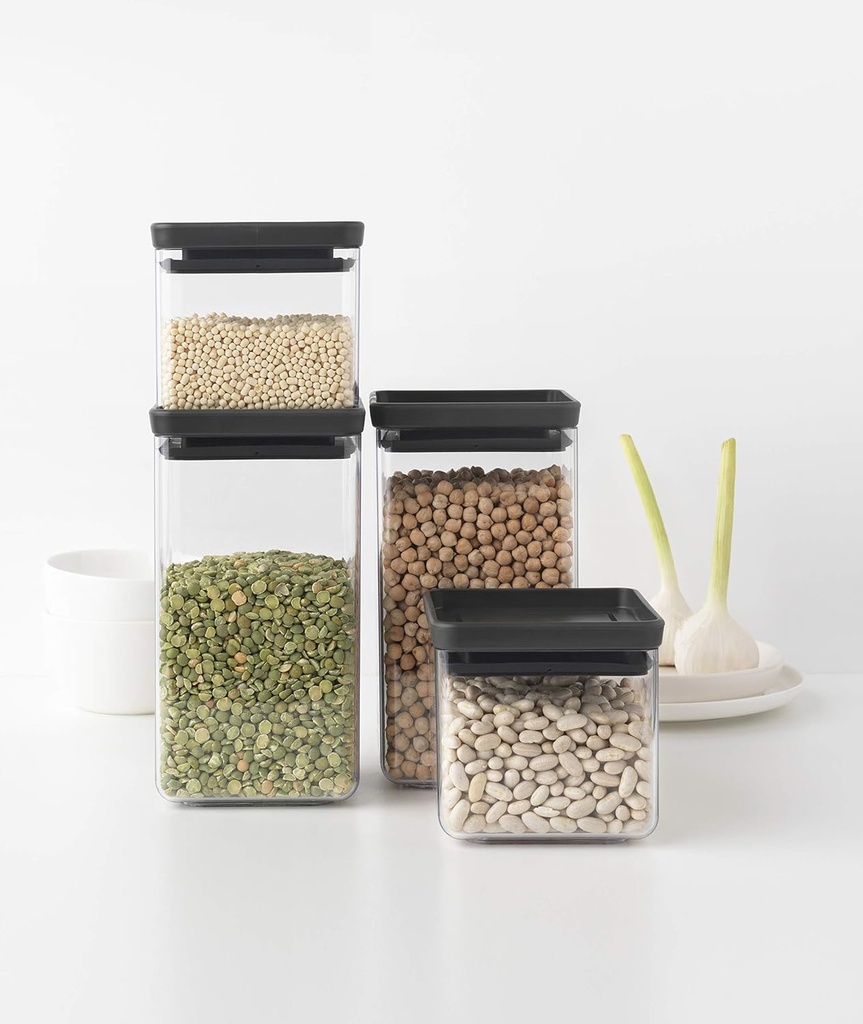 Brabantia Set of 4 Tasty+ Stackable Square Canisters, 2 x 0.7 litre and 2 x 1.6 litre / Dark Grey 
