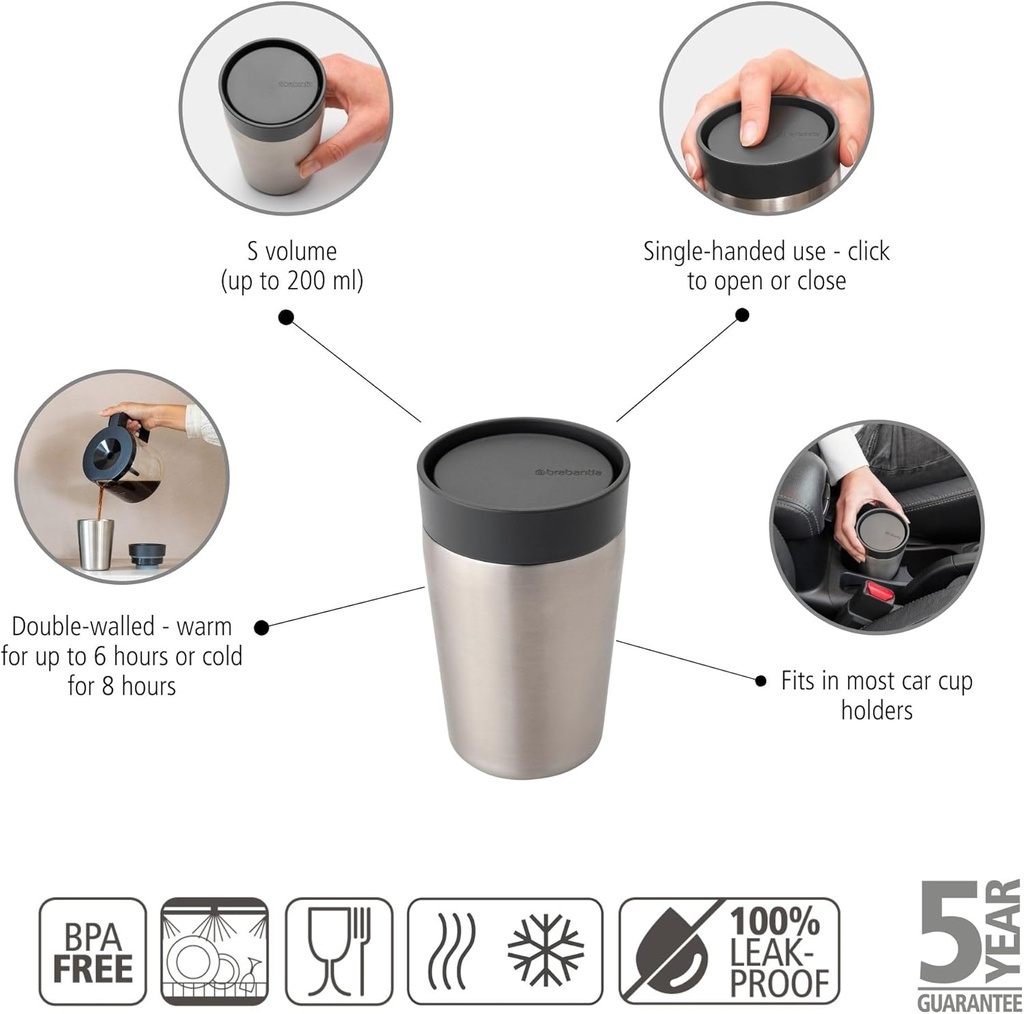 Brabantia Make & Take Insulated Cup, Small, 0.2L, Dark Grey