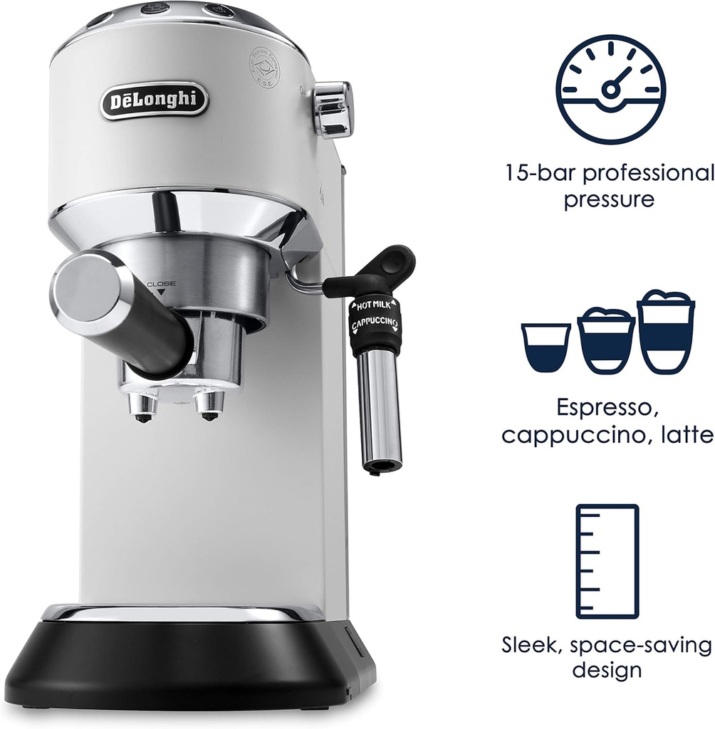 DELONGHI DEDICA STYLE TRADITIONAL PUMP ESPRESSO MACHINE, COFFEE AND CAPPUCCINO MAKER, EC685.W 