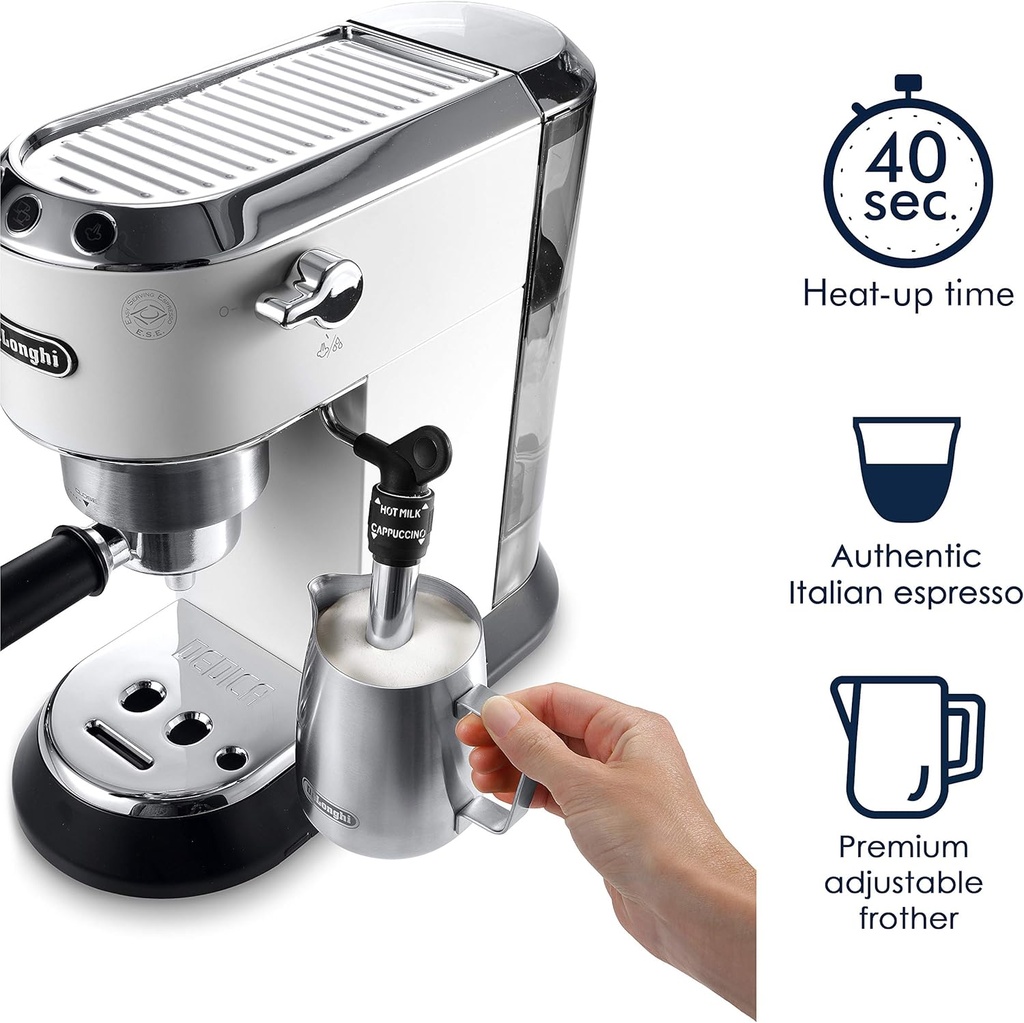 DELONGHI DEDICA STYLE TRADITIONAL PUMP ESPRESSO MACHINE, COFFEE AND CAPPUCCINO MAKER, EC685.W 