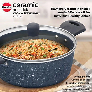 Hawkins Cook n Serve Bowl ICCB30G, 3 Litre Induction Compatible, Ceramic Nonstick   with Glass Lid