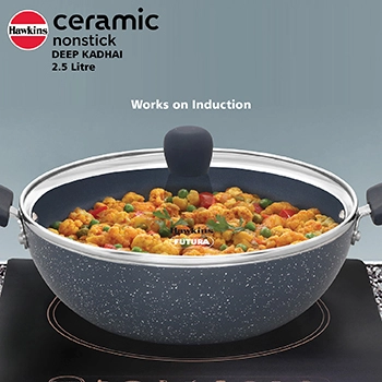 Hawkins Deep Kadhai ICK25G, 2.5 Litre, Induction Compatible,Ceramic,Nonstick with Glass Lid