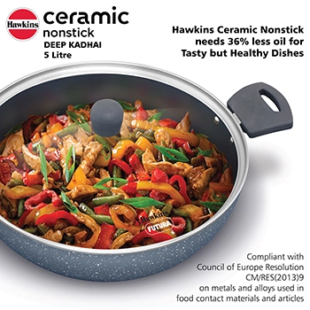 Hawkins Deep Kadhai ICK50G, 5 Litre, Induction Compatible,Ceramic,Nonstick with Glass Lid 