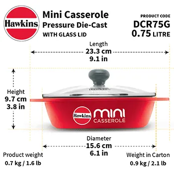 Hawkins Die Cast Oval Mini Casserole DCR75G Red 0.75 Litre with Glass Lid