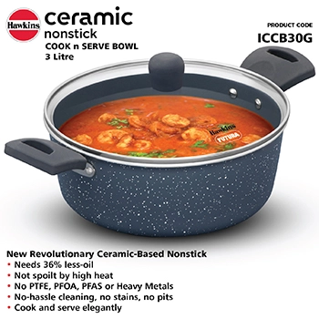 Hawkins Cook n Serve Bowl ICCB30G, 3 Litre Induction Compatible, Ceramic Nonstick   with Glass Lid