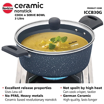 Hawkins Cook n Serve Bowl ICCB30G, 3 Litre Induction Compatible, Ceramic Nonstick   with Glass Lid