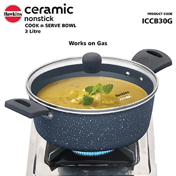 Hawkins Cook n Serve Bowl ICCB30G, 3 Litre Induction Compatible, Ceramic Nonstick   with Glass Lid