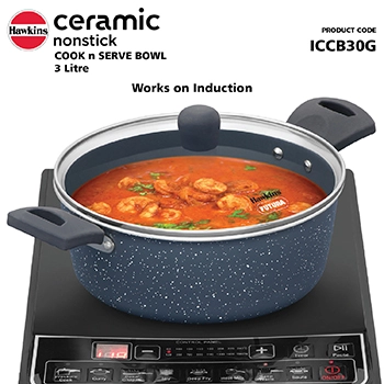 Hawkins Cook n Serve Bowl ICCB30G, 3 Litre Induction Compatible, Ceramic Nonstick   with Glass Lid