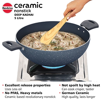 Hawkins Deep Kadhai ICK50G, 5 Litre, Induction Compatible,Ceramic,Nonstick with Glass Lid 