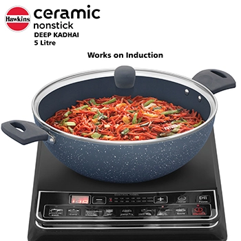 Hawkins Deep Kadhai ICK50G, 5 Litre, Induction Compatible,Ceramic,Nonstick with Glass Lid 