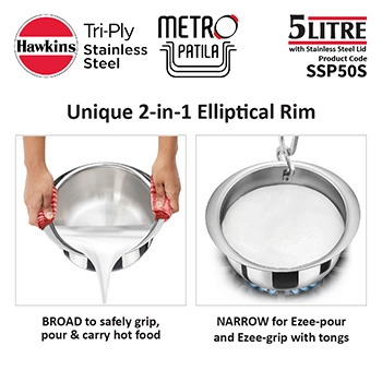 Hawkins SS Tri-ply Metro Patila 5 Litre SSP50S, Induction Compatible, Sauce Pan, Stainless Steal with SS Lid