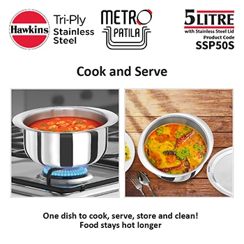 Hawkins SS Tri-ply Metro Patila 5 Litre SSP50S, Induction Compatible, Sauce Pan, Stainless Steal with SS Lid