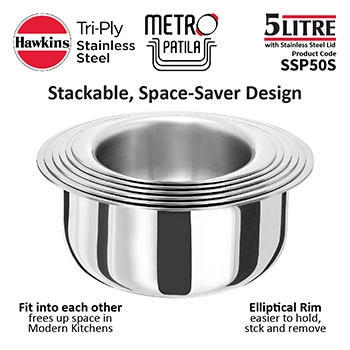 Hawkins SS Tri-ply Metro Patila 5 Litre SSP50S, Induction Compatible, Sauce Pan, Stainless Steal with SS Lid