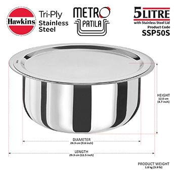 Hawkins SS Tri-ply Metro Patila 5 Litre SSP50S, Induction Compatible, Sauce Pan, Stainless Steal with SS Lid