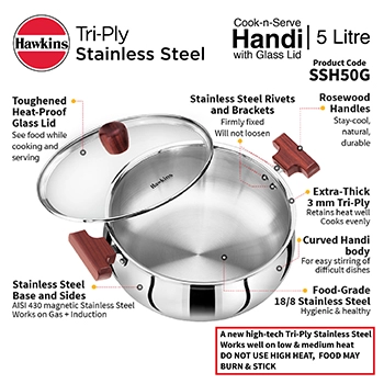 Hawkins SS Tri-ply Handi SSH50G, Stainless Steal, Induction Compatible, 5 Litre with Glass Lid