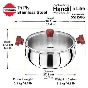 Hawkins SS Tri-ply Handi SSH50G, Stainless Steal, Induction Compatible, 5 Litre with Glass Lid