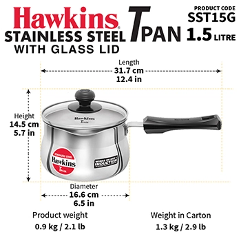 Hawkins Stainless Steel T Pan SST15G,1.5 Litre, Induction Compatible with Glass Lid (4.7 mm Thick)