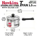Hawkins Stainless Steel T Pan SST15G,1.5 Litre, Induction Compatible with Glass Lid (4.7 mm Thick)