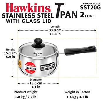 Hawkins Stainless Steel T Pan SST20,2 Litre, Induction Compatible