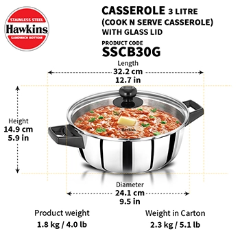 Hawkins SS Cook n Serve Casserole SSCB30G, 3 Litre, Stainless Steal, Induction Compatible  with Glass Lid
