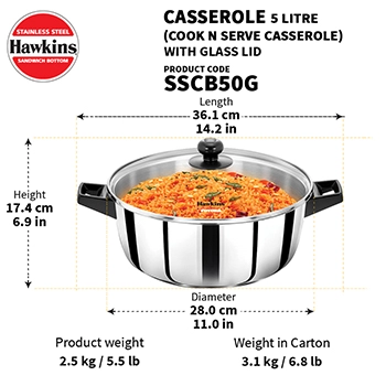 Hawkins SS Cook n Serve Casserole SSCB50G, 5 Litre, Stainless Steal, Induction Compatible  with Glass Lid