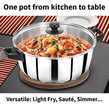 Hawkins SS Cook n Serve Casserole SSCB50G, 5 Litre, Stainless Steal, Induction Compatible  with Glass Lid