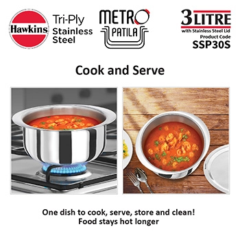 Hawkins SS Tri-ply Metro Patila 3 Litre SSP30S, Induction Compatible, Sauce Pan, Stainless Steal with SS Lid