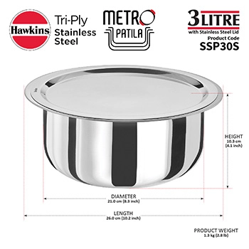 Hawkins SS Tri-ply Metro Patila 3 Litre SSP30S, Induction Compatible, Sauce Pan, Stainless Steal with SS Lid