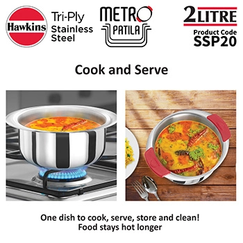 Hawkins SS Tri-ply Metro Patila 2 Litre SSP20, Induction Compatible, Sauce Pan, Stainless Steal
