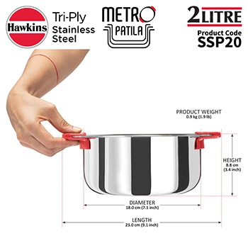 Hawkins SS Tri-ply Metro Patila 2 Litre SSP20, Induction Compatible, Sauce Pan, Stainless Steal
