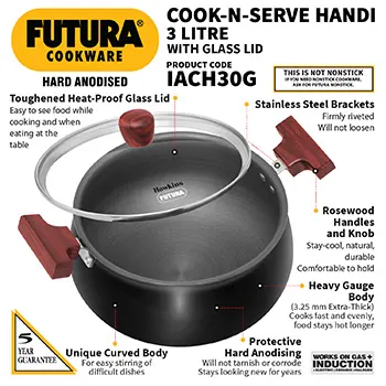 Futura Cook-n-Serve Handi, IACH30G, Induction Compatible Hard Anodised  3 Litre
