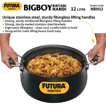Futura Nonstick Biryani Handi NBH12, 12 Litre with Hard Anodised Lid (4.06 mm Thick)