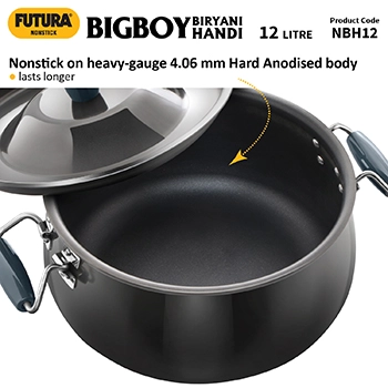 Futura Nonstick Biryani Handi NBH12, 12 Litre with Hard Anodised Lid (4.06 mm Thick)