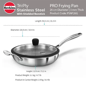 Futura Nonstick PRO Frying Pan 26 cm PSNF26G, Induction Compatible, Stainless Steal Tri-ply Sheilded 