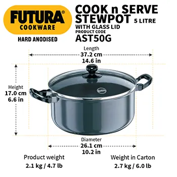 Futura Cook-n-Serve Stewpot AST50G Hard Anodised 5 Litre with Glass Lid (4.06 mm Thick) 