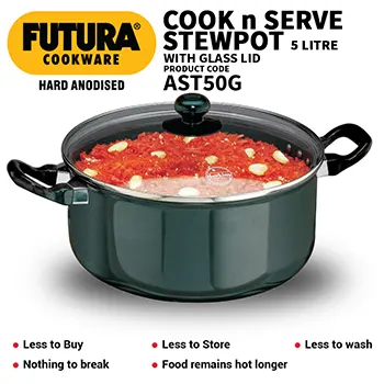 Futura Cook-n-Serve Stewpot AST50G Hard Anodised 5 Litre with Glass Lid (4.06 mm Thick) 