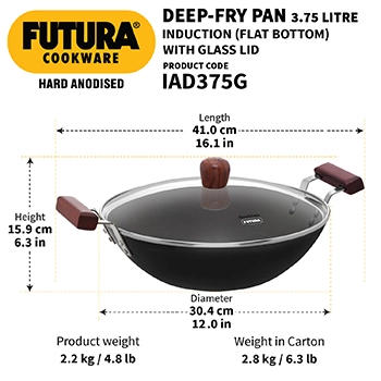 Futura Deep-Fry Pan IAD375G, Induction Compatible, Hard Anodised  3.75 Litre with Glass Lid (Flat Bottom)