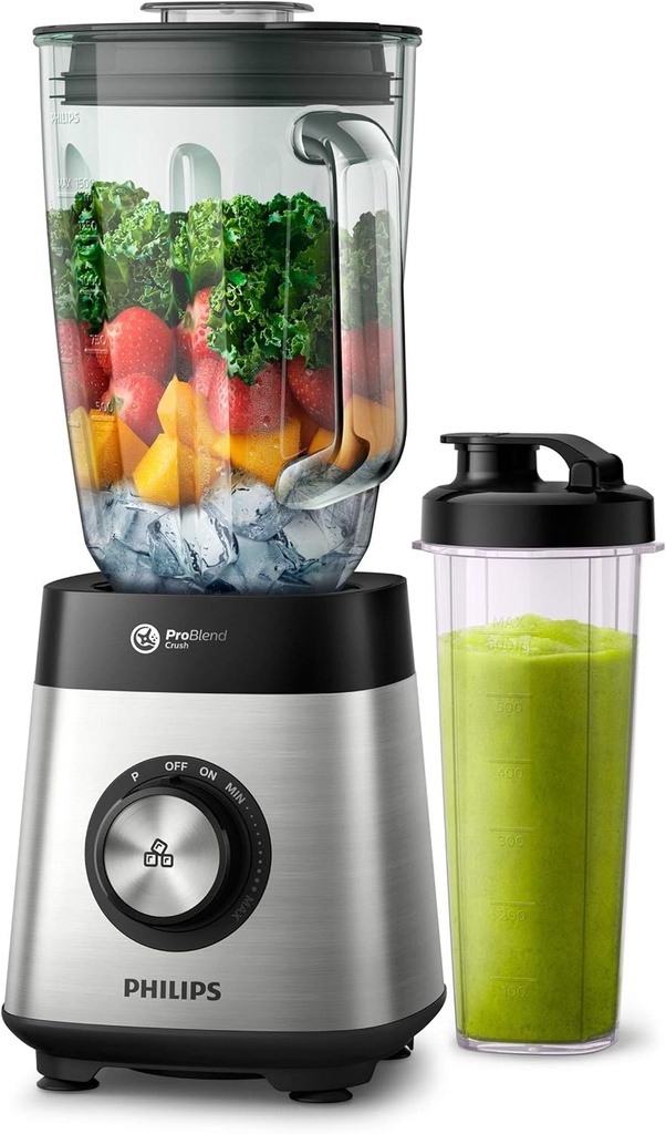 PHILIPS Series 5000 Blender, Metallic, 1000W metal, variable speed, 2l glass jar, 1 tumbler, problend 6, pulse button HR3573/91. 2 years warranty