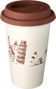 DELONGHI HOT COFFEE TRAVEL MUG DLSC057  CERAMIC THERMAL DOUBLE WALL + SILICONE LID, 10 OZ, GLOBETROTTER THEME