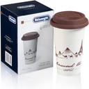 DELONGHI HOT COFFEE TRAVEL MUG DLSC057  CERAMIC THERMAL DOUBLE WALL + SILICONE LID, 10 OZ, GLOBETROTTER THEME