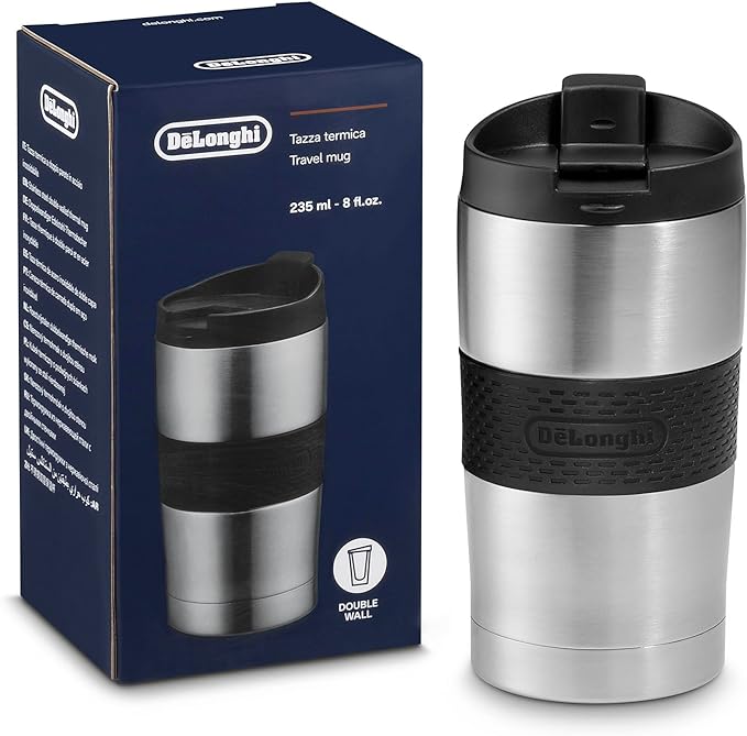 DELONGHI DOUBLE WALL STAINLESS STEEL TRAVEL MUG, 235 ML DLSC074
