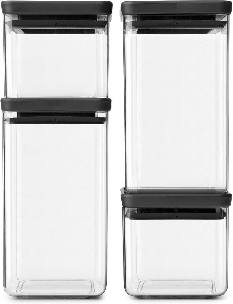 Brabantia Set of 4 Tasty+ Stackable Square Canisters, 2 x 0.7 litre and 2 x 1.6 litre / Dark Grey 