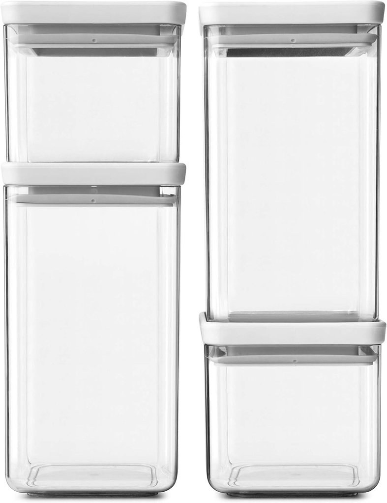 [122569] Brabantia Set of 4 Tasty+ Stackable Square Canisters, 2 x 0.7 litre and 2 x 1.6 litre / Light Grey