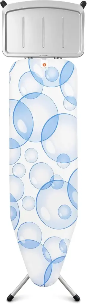 Brabantia Ironing Tables B, 124x38 cm, Solid Steam Unit Holder, 25mm Frame- Black Frame Spring Bubbles