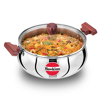 Hawkins SS Tri-ply Handi SSH50G, Stainless Steal, Induction Compatible, 5 Litre with Glass Lid